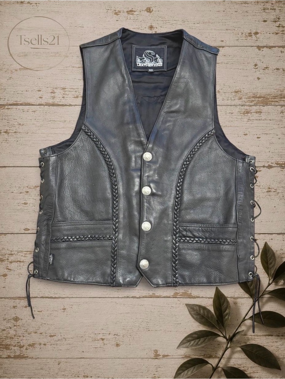 Leather King Vintage 90s Black Braided Biker Vest w/ Flame Rose Patch - Size 40